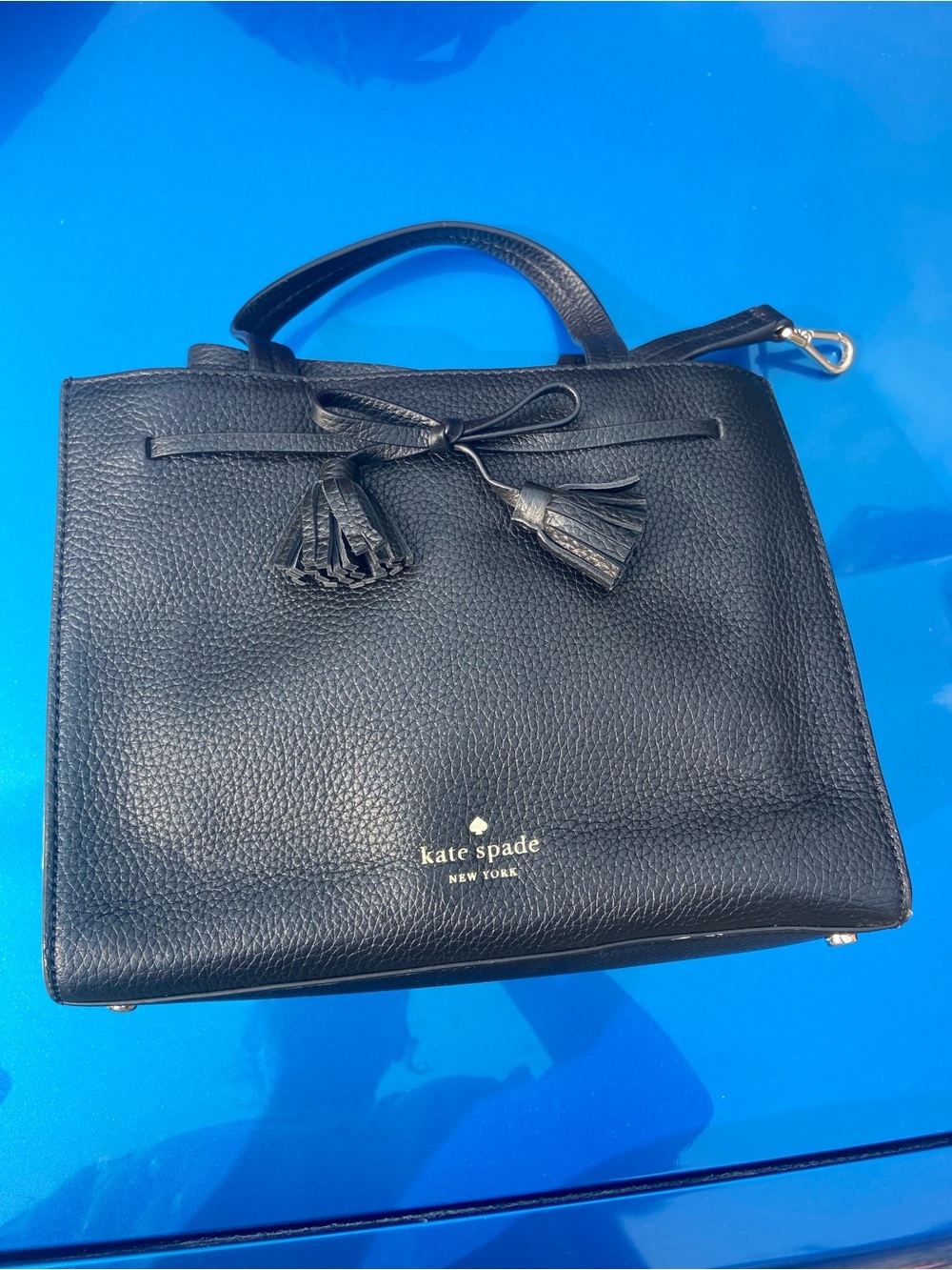 kate spade Black Pebble Leather Satchel with Tassel Accent